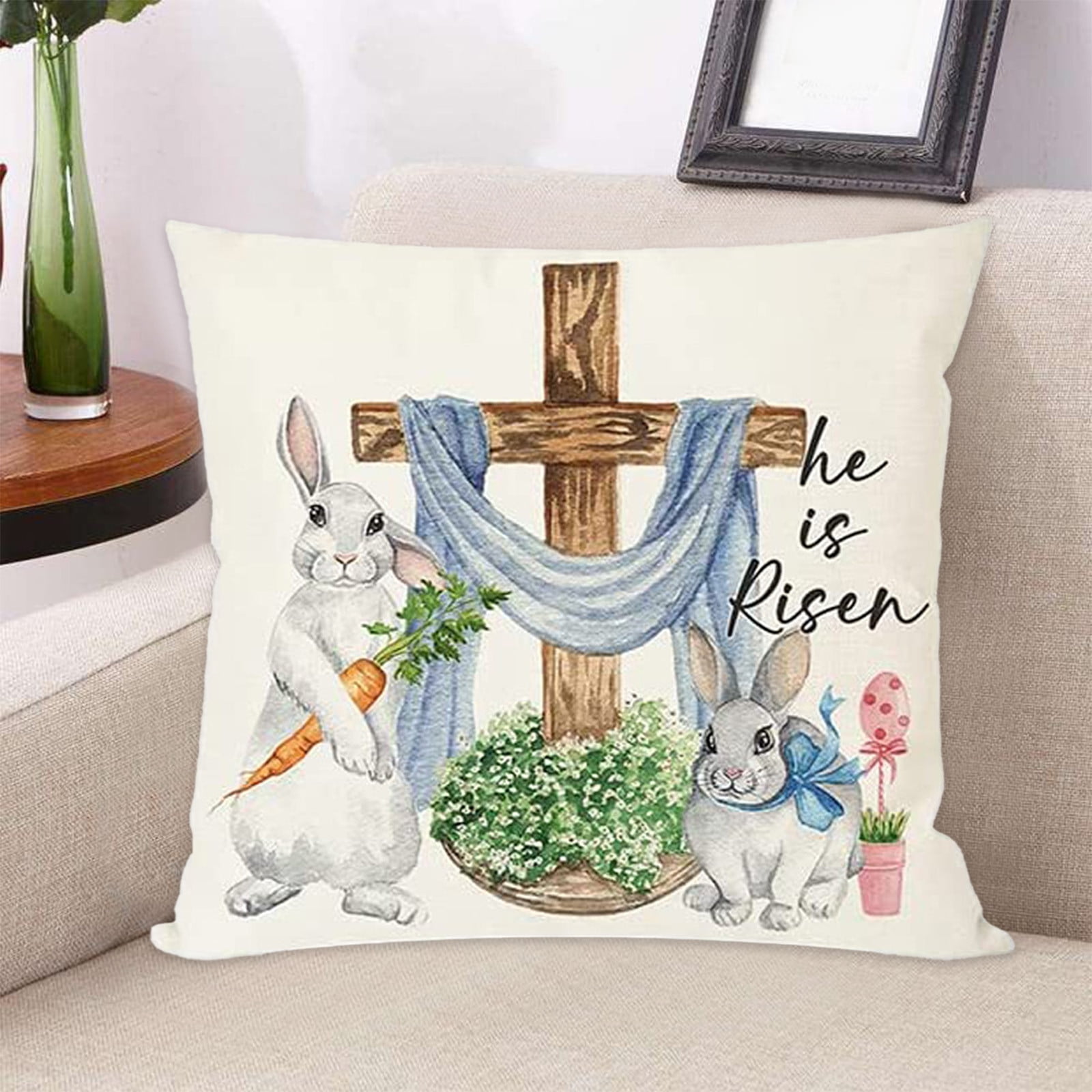 Spring Easter Pillow Covers 18x18 Inch - Blue Chinoiserie Bunny Rabbit Design, Holiday Decorative Cushion Covers - View #2