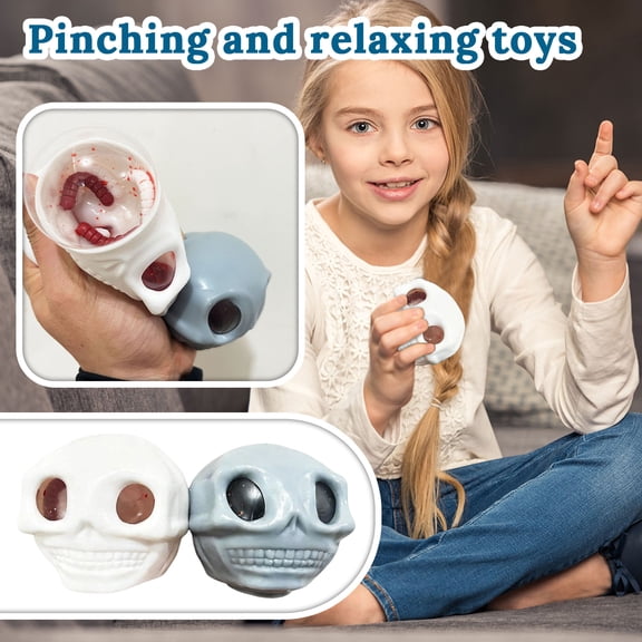 Clearance! Squeeze Soft Rubber Worm Prank Toy in Skull Shape Bumpy Texture Stress Reliever for Desk Decoration and Fun