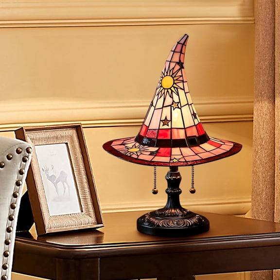 Clearance Stained Glass Style Witch Hat Lamp, Witch Hat Table Lamp with Inline Switch, Witch Lamp Stained Glass Style Halloween Lamp for Bedroom Bookshelf Desk, Witches Hat Lamp Gothic Décor Gift