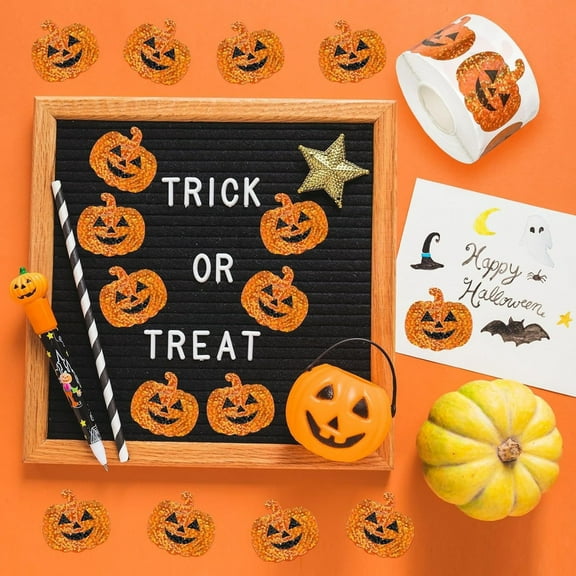 Clearance Stickers under $5,Halloween Pumpkin Stickers Roll Pumpkin Shape Decals Orange Sparkly Self Adhesive Stickers For Halloween Envelope Scrapbook Decor 500Pcs