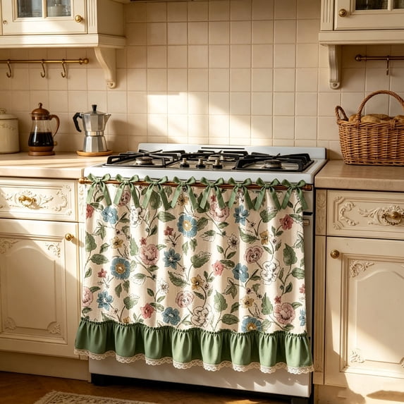 Clearance Stove Curtain for Farmhouse Kitchen Decor Decorative Cabinet Dishwasher Cover with RuffleTrim and Bow Ties Cafe Curtain for Country Cottage Stove