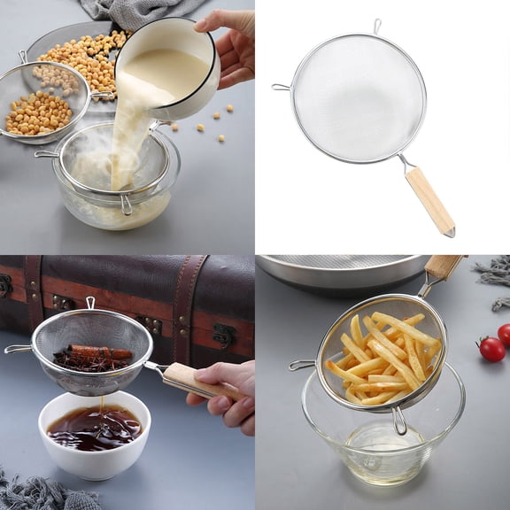 Clearance Strainers under $5,8inch 304 Stainless Large Slotted Spoon Filter Screen Wooden Handle Two Ear Deep Fried Fishing Household Kitchen Utensils Noodle Screen Drain