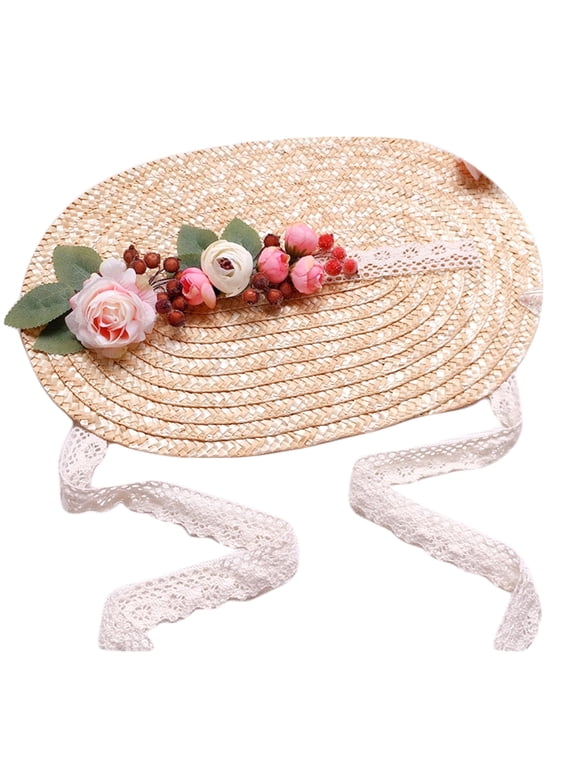 Handmade Women 1800s Victorian Wedding Tea Party Bonnet Hat Vintage Flower Beach for Sun Cap Straw Weaving Hats