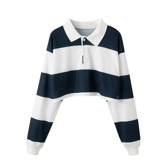 Clearance Striped Crop Tops Women Teens Colorful Button Collar Long Sleeve Loose Pullover Sweatshirt Tee Shirt Sports Casual (2XL, Blue)