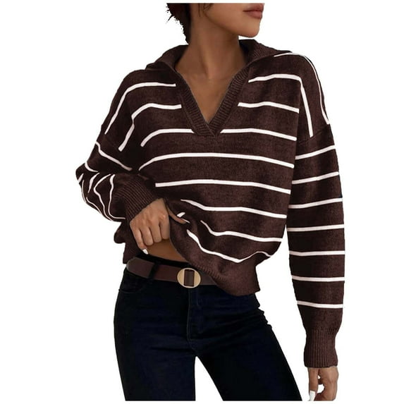 Clearance Striped Knit Sweater Women Lapel V Neck Comfy Soft Lightweight Pullover Tops Trendy Fall Winter Jumper Blouses