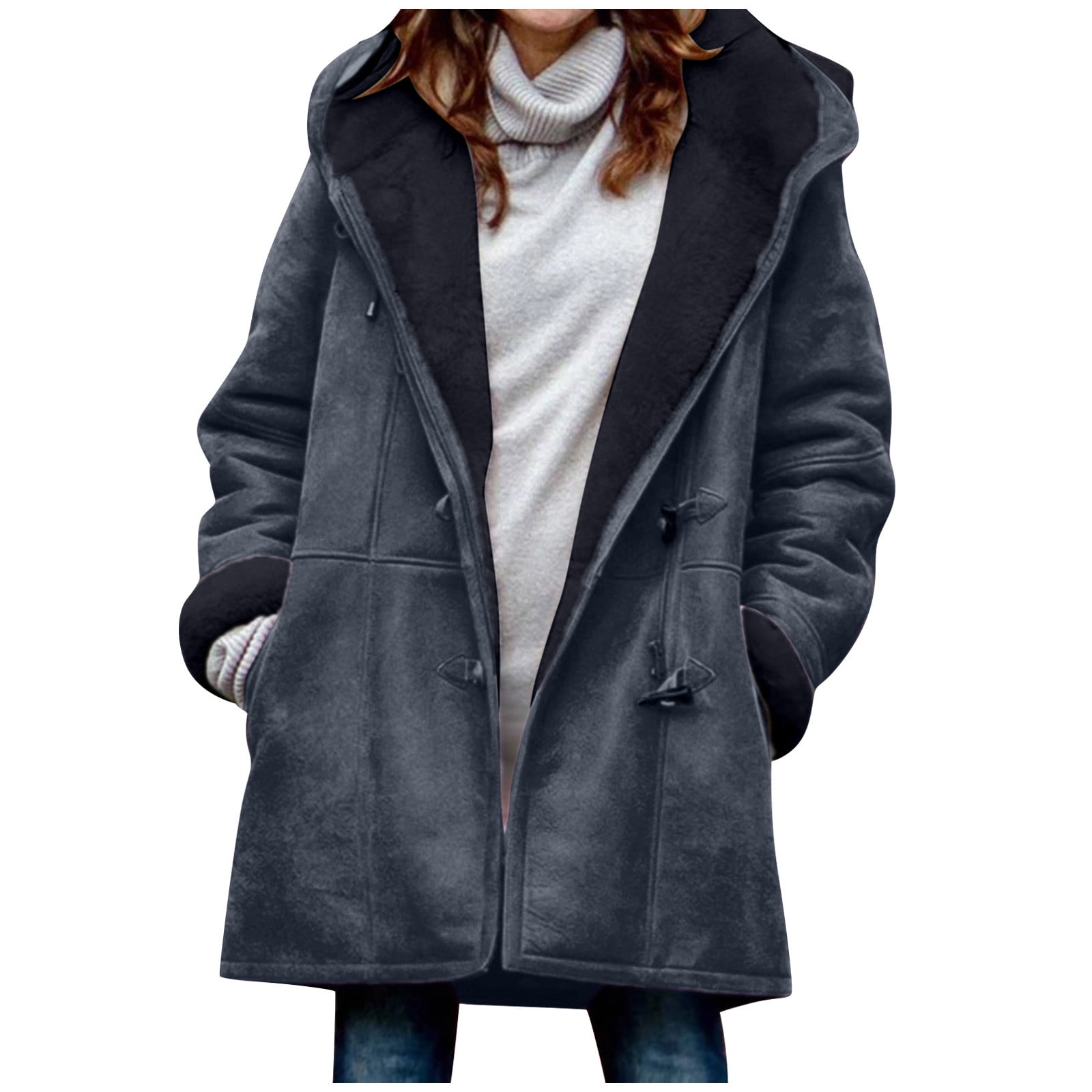 Clearance Suede Leather Jacket Womens Winter Warm Longline Coat with ...
