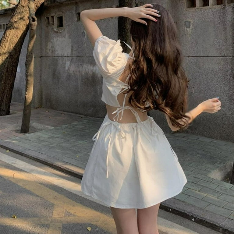 Clearance Summer Backless Mini Dress For Women Solid Color Casual Party Dress Square Neck A Line Puff Sleeve Slim Fit Dress