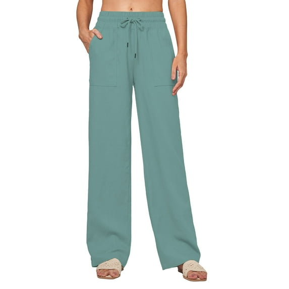 Summer Linen Palazzo Pants with Drawstring and Pockets for Women Wide Leg Cotton Linen Comfortable Breezy XXXL Size Mint Green