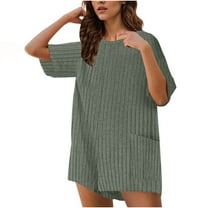 Clearance Summer Rompers for Women Loose Ribbed Knit Short Sleeve T-Shirt Baggy Relaxed Fit Jumpsui with Pockets Dressy Work Clothes