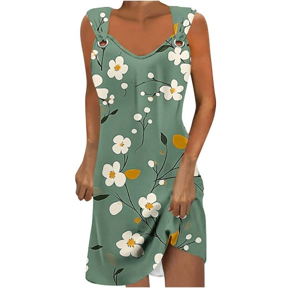 TOPUUTP Womens Dresses Summer Under $10 Sleeveless V Neck Floral Print Tank Dress Hawaiian A-Line Elegant Spring Loose Beach Vacation Sundress Green XXL