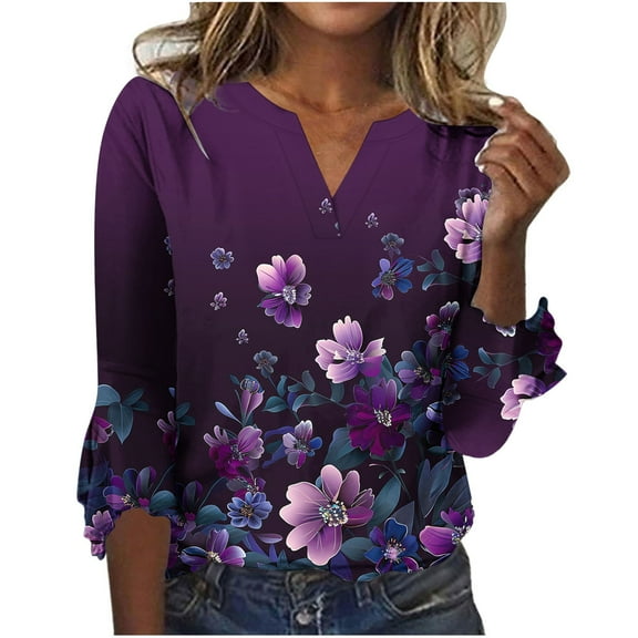 Summer Shirts for Ladies Blouses Summer Women's Fashionable 3/4 Sleeved Floral Printed Round Neck Top T-shirt With Flared Sleeves