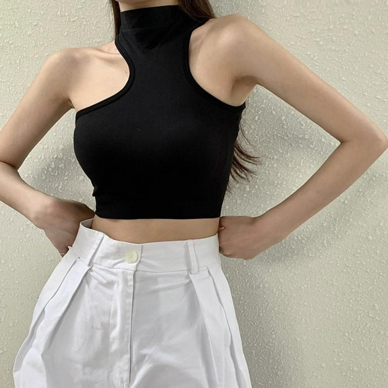 Clearance!Summer Tank Top Women Crop Top With Built-in Bra Hollow out  Sleeveless Vest Solid Color