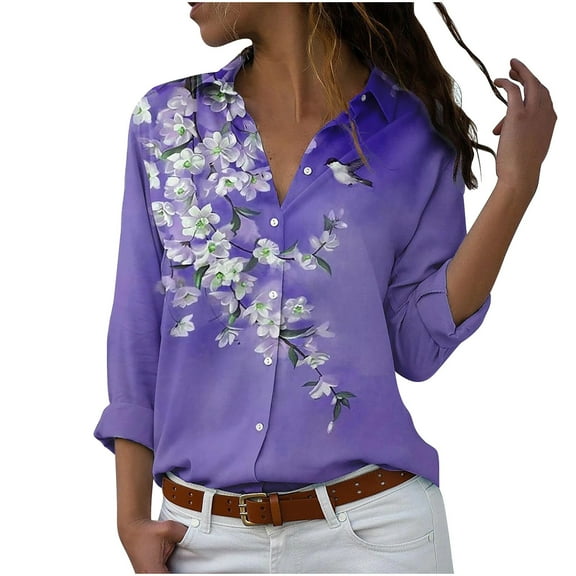 Summer Tops Plain Tshirts for Women Casual Plant Printed Long Sleeved Quarter Sleeved V-neck Cardigan Tops Blouse