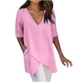 thumbnail image 1 of Summer Tops for Women Women's Summer Fashion Cropped Sleeves Deep V-Neck Cotton Line Slip Hem Loose Shirt Blouse With Pockets Tube Tops for Women 2- Pink, 1 of 7