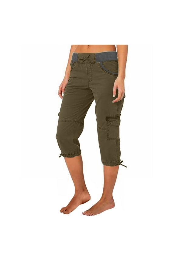 Clearance! Summer Women Cotton Linen Cargo Capris pants with Multi Pocket Outdoor Casual Sports Cropped Trouser Pants Loose Fit L Size Army Green