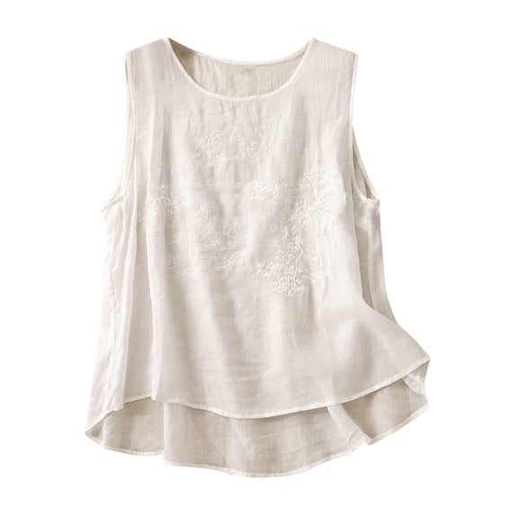 Summer Women Cotton Linen Embroidered Sleeveless Vest Casual Top XL Size White