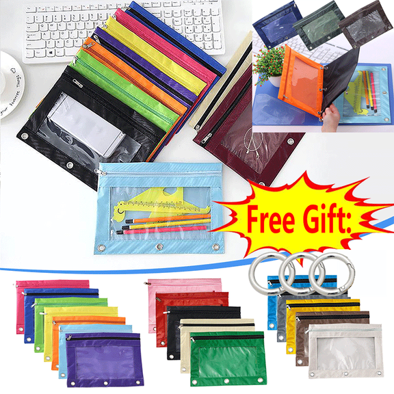 Suncoda 2Pcs Pencil Pouch for 3 Ring Binder, New Colorful Portable Large Capacity Pencil Case with Zipper and Reinforced Grommets for Work Storage Office Supplies (Free 3 Ring Binders)