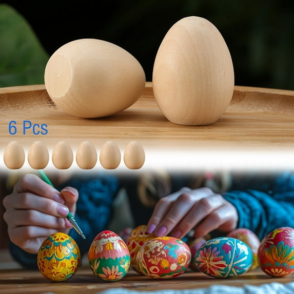 Suncoda 6PCS Easter Eggs with 4Pcs Watercolor Pens, Painted Graffiti Wooden Eggs Model, Easter Eggs Unfinished Children's Toys, Easter Basket Stuffers Easter Gifts for Kids DIY Crafts