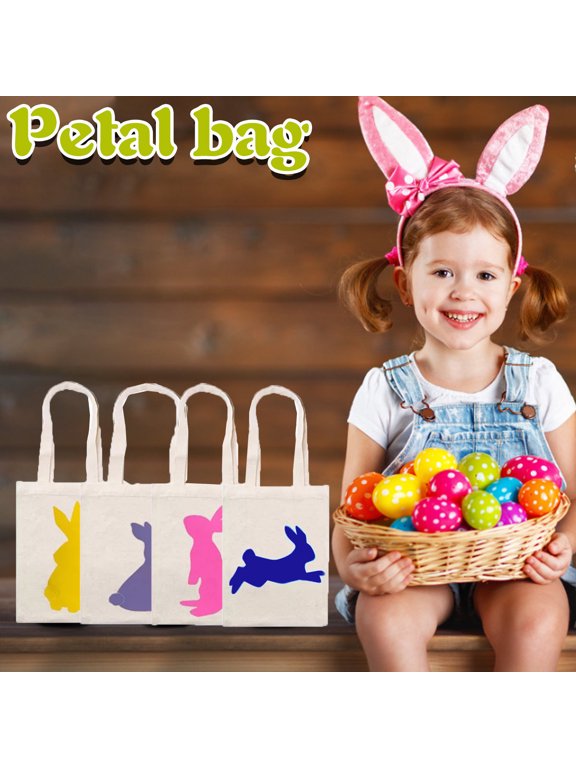 Easter Canvas Tote Bag, Large Bunny Tote Bags Easter Eggs Hunt Bags, Reusable Easter Colorful Bunny Non Woven Tote Bag for Women Kids