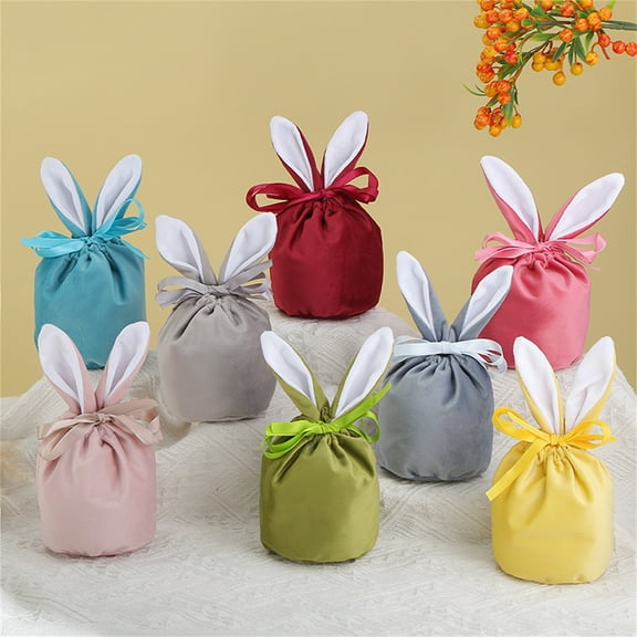 Suncoda Easter Decorations, Ears Velvet Bags Bunny Drawstring Velvet Bag Candy Packing Bag Gift Bag with Cute Ear, Easter Gifts for Kids