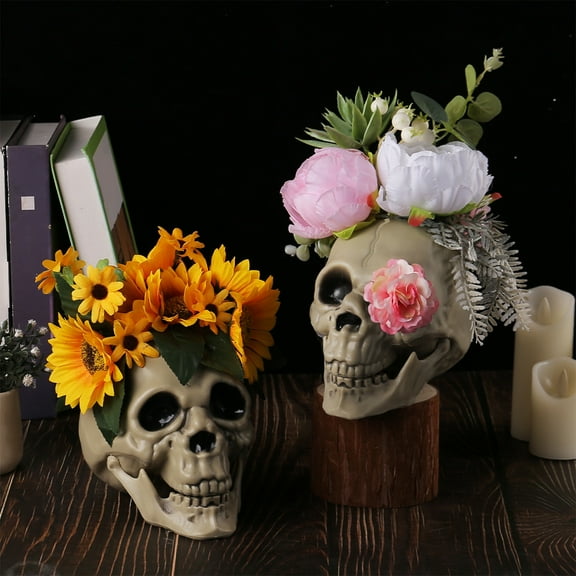 Suncoda Halloween Skull Decor with Rose, Head Sculptures Skull Collectible Figurines, Halloween Simulation Skull Props Horror Chamber Sunflower Ghost Head Venue, Halloween Decoration