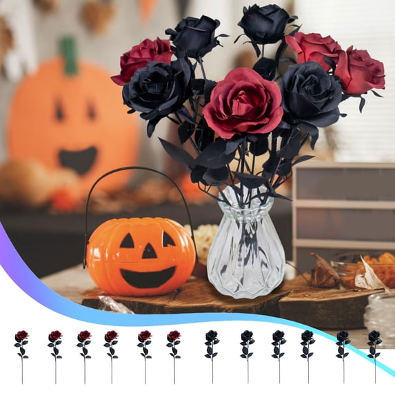 Suncoda Rose Gothic Dark Artificial Flower Red/Black Halloween Decoration Artificial Flower Silk Flower Artificial Flower 6Pcs