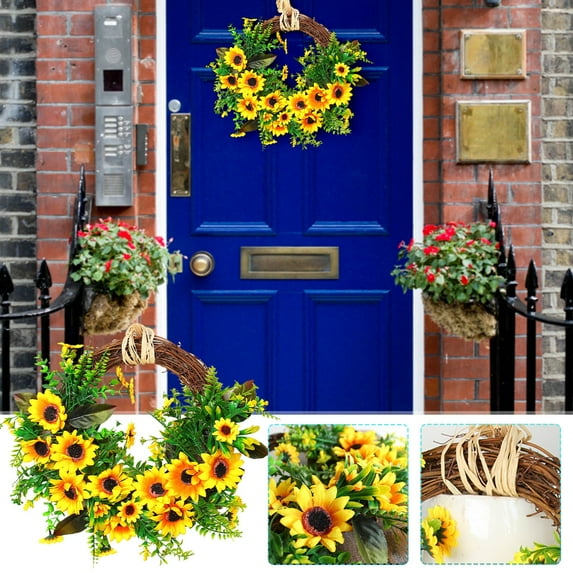 Clearance! Sunflower Wreaths, Artificial Greenery Wreath for Outdoor Front Door Indoor Wall or Window Décor Hanging Decorations 15.7x11.8in