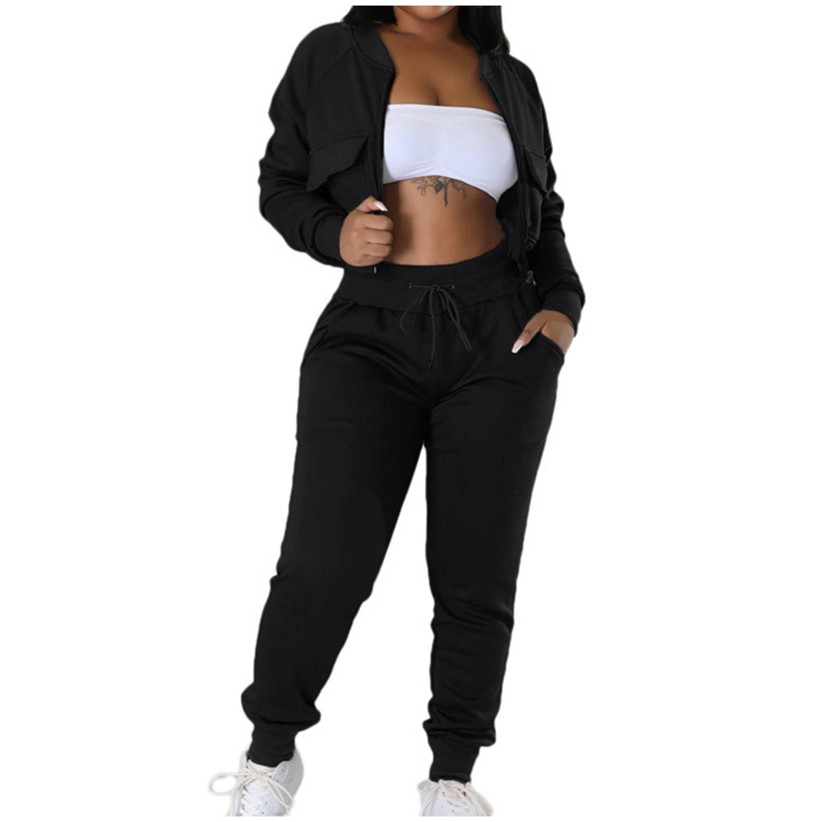 Clearance Sweat Suits for Women Set 2 Piece Outfit Ribbed Cropped Oversized Hooded Sweatshirt with Full Length Cuffed Joggers