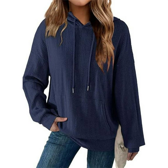 Clothing 2025 Sweatshirts for Women 2025 Hoodies for Casual Long Sleeve Textured Knit Loose Drawstring Hooded Sweatshirt with Pocket Womens Plus Size Sweatshirts Blue S