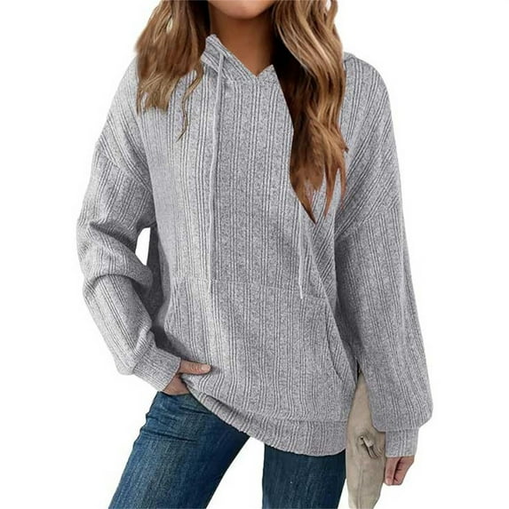 Clothing 2025 Sweatshirts for Women 2025 Hoodies for Casual Long Sleeve Textured Knit Loose Drawstring Hooded Sweatshirt with Pocket Womens Plus Size Sweatshirts Gray Xxl