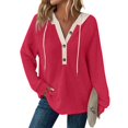 thumbnail image 1 of Clothing 2025 Sweatshirts for Women 2025 Sweatshirts Hoodies Knit Drawstring Hoodie Casual Button V Neck Tops Pullover Sweatshirt Womens Plus Size Sweatshirts Red S, 1 of 6