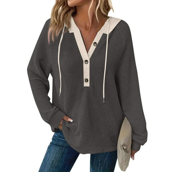 Clothing 2025 Sweatshirts for Women 2025 Sweatshirts Hoodies Knit Drawstring Hoodie Casual Button V Neck Tops Pullover Sweatshirt Womens Plus Size Sweatshirts Gray Xl