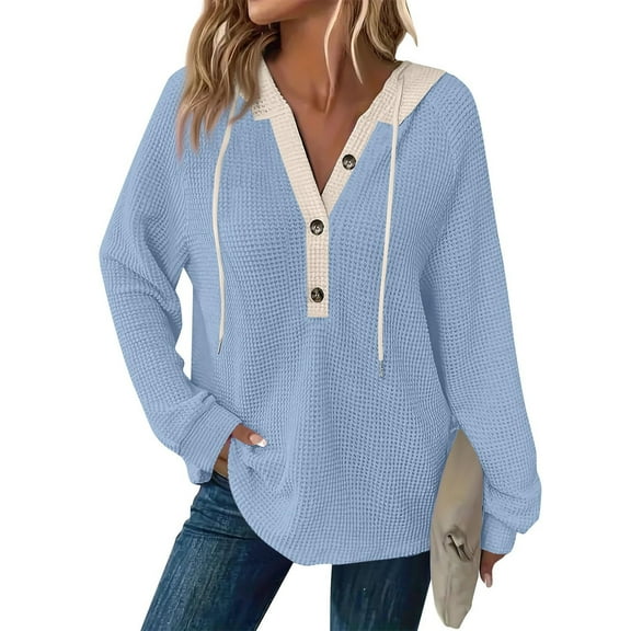 Clothing 2025 Sweatshirts for Women 2025 Sweatshirts Hoodies Knit Drawstring Hoodie Casual Button V Neck Tops Pullover Sweatshirt Womens Plus Size Sweatshirts Blue S