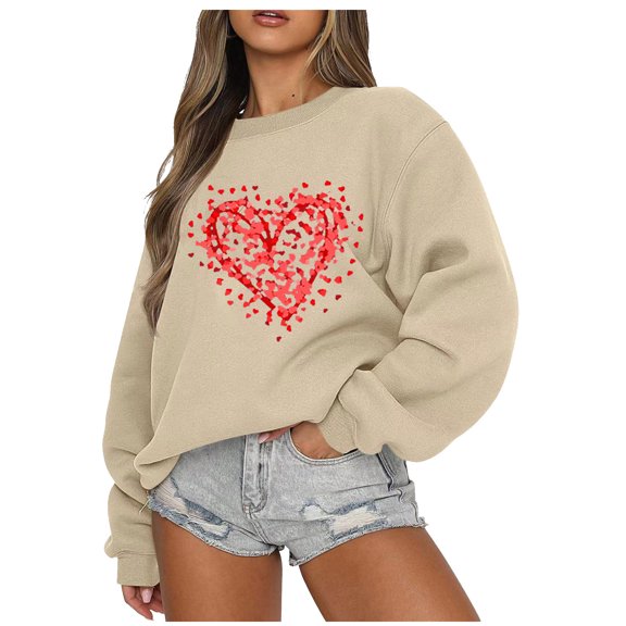 Sweatshirts for Women Heart Print Valentine's Day Top Long Sleeve Tunic Tops Funny Pullover Sweatshirts Loose Tee Shirts Valentines Day Sweatshirts