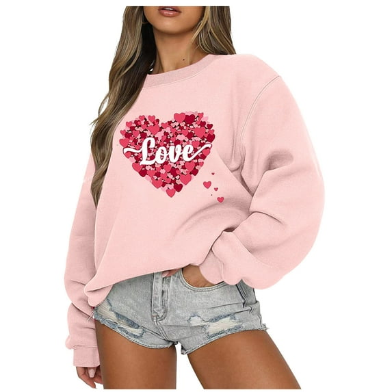Sweatshirts for Women Heart Print Valentine's Day Top Long Sleeve Tunic Tops Funny Pullover Sweatshirts Loose Tee Shirts Valentines Day Sweatshirts