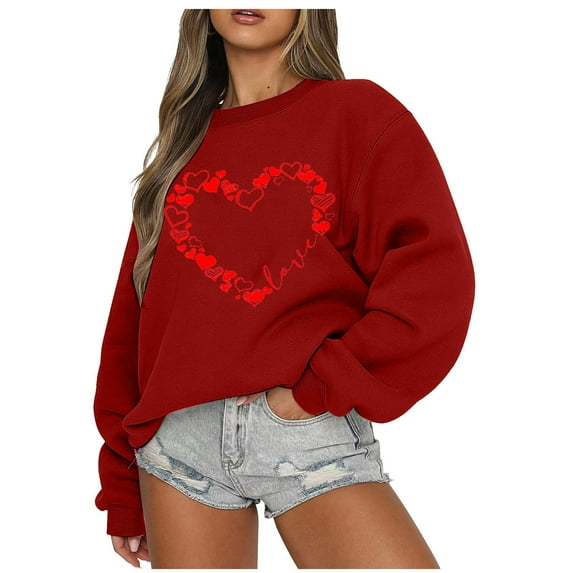 Sweatshirts for Women Heart Print Valentine's Day Top Long Sleeve Tunic Tops Funny Pullover Sweatshirts Loose Tee Shirts Valentines Day Sweatshirts