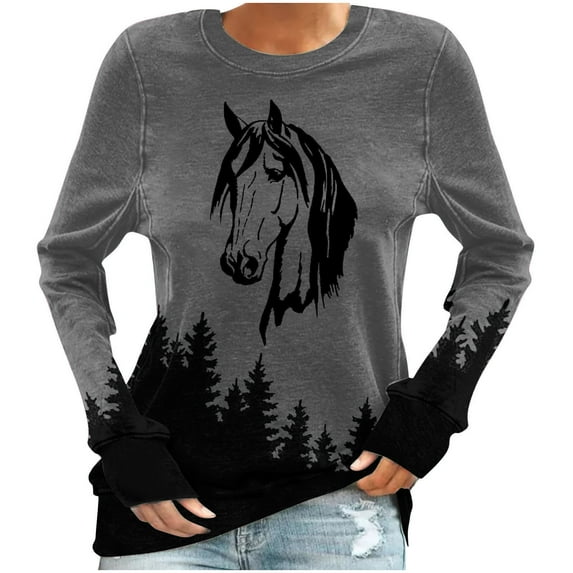 Sweatshirts for Women Crewneck Long Sleeve Tops Oversized Animals Horse Print Sweatshirt Loose Fit Fall Winter Round Neck Pullovers