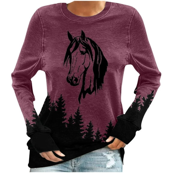Sweatshirts for Women Crewneck Long Sleeve Tops Oversized Animals Horse Print Sweatshirt Loose Fit Fall Winter Round Neck Pullovers