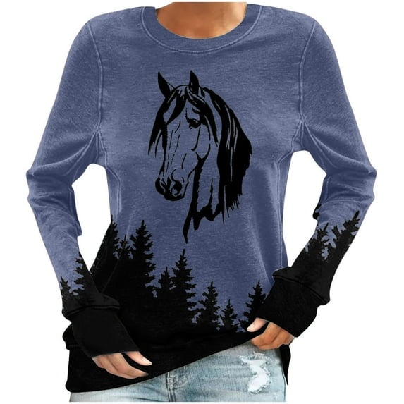 Sweatshirts for Women Crewneck Long Sleeve Tops Oversized Animals Horse Print Sweatshirt Loose Fit Fall Winter Round Neck Pullovers