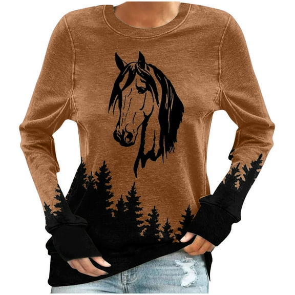 Sweatshirts for Women Crewneck Long Sleeve Tops Oversized Animals Horse Print Sweatshirt Loose Fit Fall Winter Round Neck Pullovers