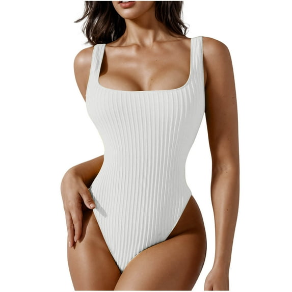 Swimsuits One Piece Women's One Piece Swimsuit Solid Ribbed Monokini Square Neck Wide Shoulder Swimwear High Cut Summer Beach Wear