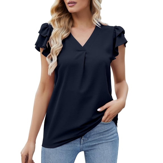 Clearance T Shirts for Women Women's Solid Color Casual Double Layer Flying Sleeve Chiffon Top Blouse Female Top Summer Tops for Women 2024 Womens Blouses
