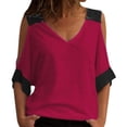 thumbnail image 1 of Clothing T Shirts for Women Casual Contrast Color Off Shoulder V Neck Short Sleeve T Shirt Women Summer Tops for Women 2026 Womens Blouses, 1 of 8