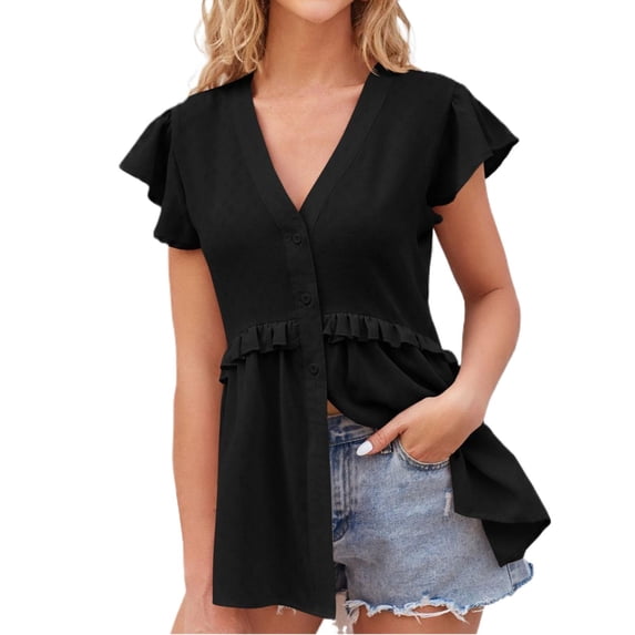 Clearance T Shirts for Women Hollowed Out Jacquard Tucked Waist Edge Ruffled Sleeve Shirt Top Short Sleeve Summer Tops for Women 2024 Womens Blouses