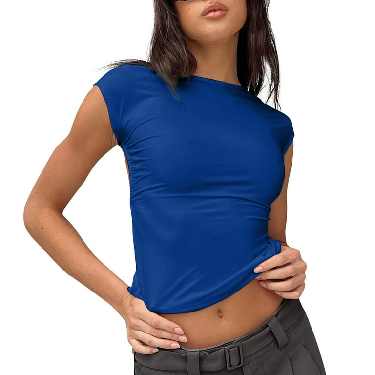 Clearance T shirt MIARHB Women s Sexy Backless Open Back Crop Sleeve Cute Royal Blue S Walmart