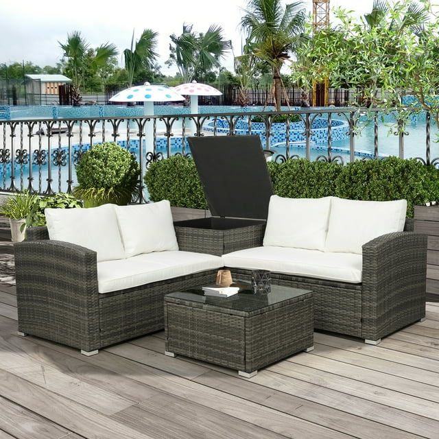 Clearance! TOPMAX 4 PCS Outdoor Cushioned PE Rattan Wicker Sectional Sofa Set Garden Patio Furniture Set (Beige Cushion)