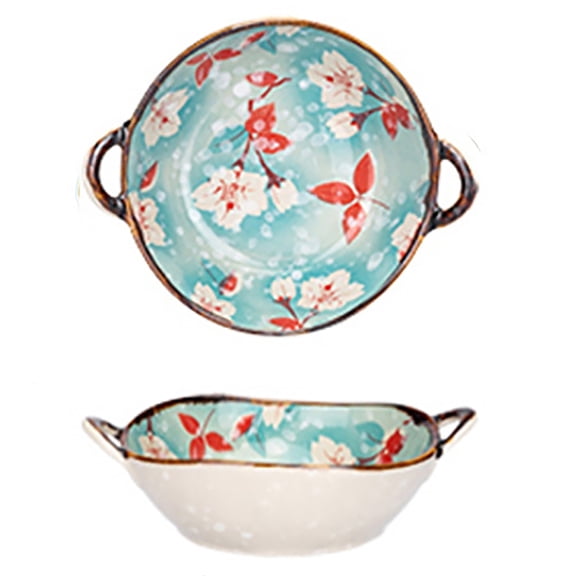 Clearance Tableware under $15 Pasta Bowl Dinnerware For Kitchen With Double Handles Rustic Porcelain Pasta Bowl Japanese For Cereal Pasta Ramen Salad And Soup Underglaze Print