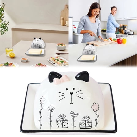 Clearance Tableware under $20,Butter Dish With Lid For Countertop French Cute Cat Butter Tray Small Ceramic Butter Dessert And Storage Container Kitchen Gift And Decor Accessory