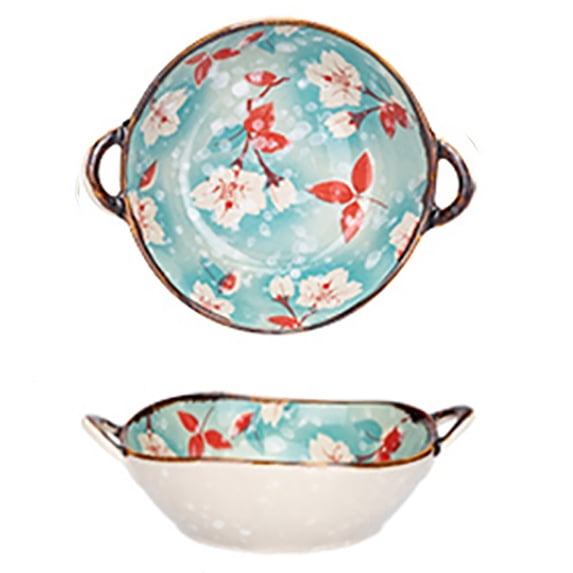 Clearance Tableware under $20,Pasta Bowl Dinnerware For Kitchen With Double Handles Rustic Porcelain Pasta Bowl Japanese For Cereal Pasta Ramen Salad And Soup Underglaze Print
