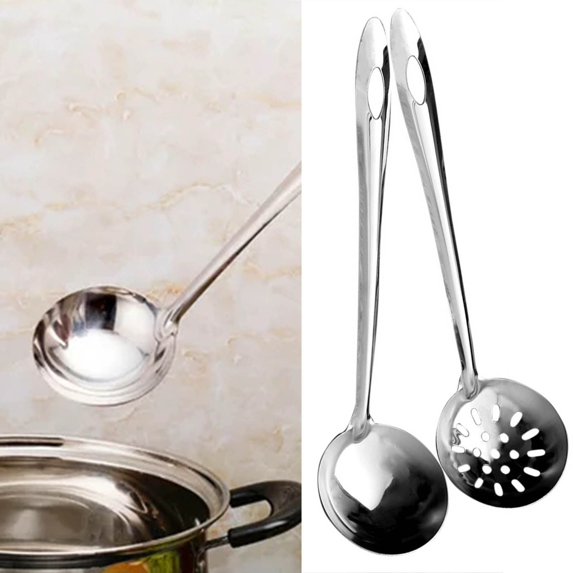 Clearance Tableware under $5,Premium 11 Inch Soup 2 Pcs Stainless Steel Cooking Utensil Set Soup And Slotted Spoon Nonstick Kitchen Utensils Set Kitchenware